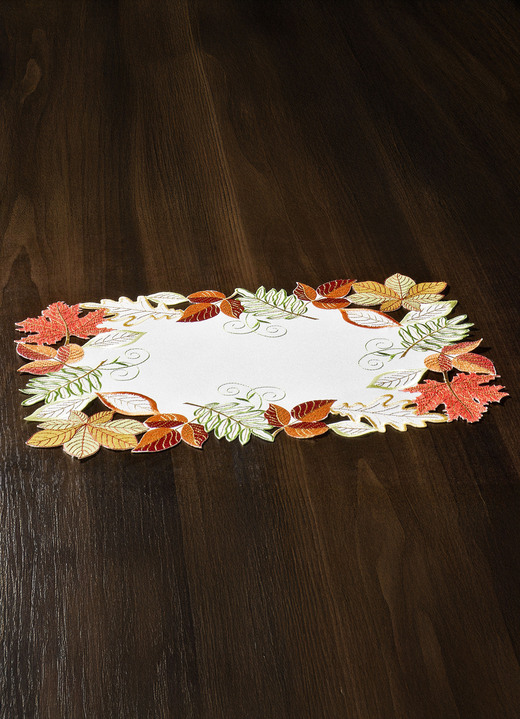 Tischdecken - Herbstliche Tisch- und Raumdekoration mit Blattmotiven, in Größe 101 (Deckchen, 35x 50 cm) bis 404 (Kissenbezug, 40x 40 cm), in Farbe WEISS-BUNT Ansicht 1
