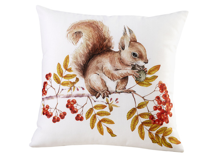 Dekokissen & Hüllen - Kissenbezüge mit Eichhörnchen-Motiven, in Farbe BUNT, in Ausführung Eichhörnchen auf Zweig Ansicht 1