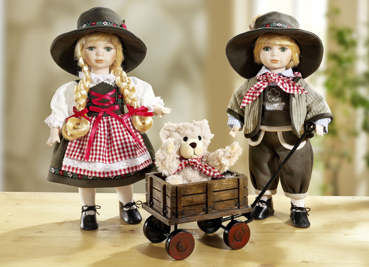 - Puppenpaar mit Teddybär im Bollerwagen, 3er-Set, in Farbe BRAUN-ROT
