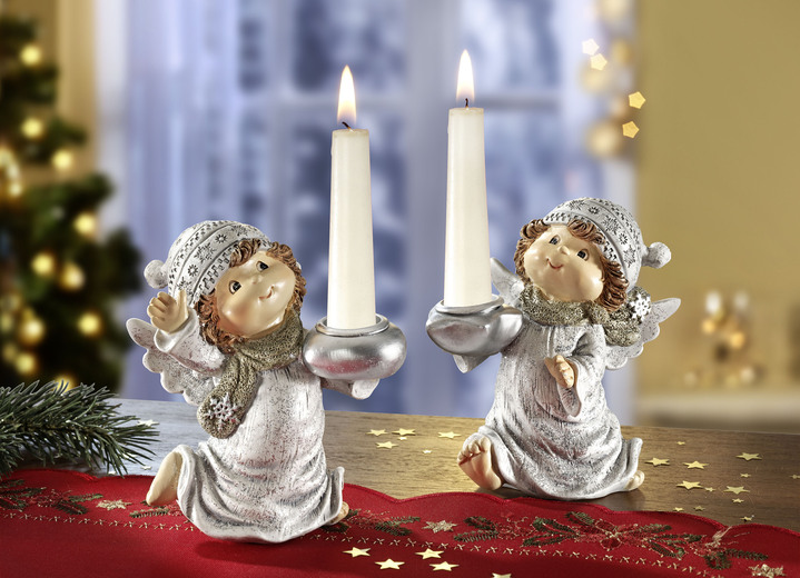 Weihnachten - Kerzenhalter Engel aus Polyresin, 2er-Set, in Farbe SILBER