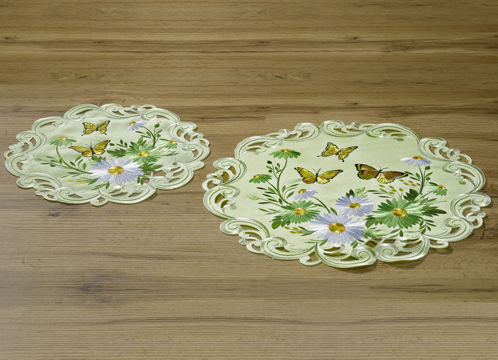 Tischdecken - Tisch- und Raumdekoration mit Blumen und Schmetterlingen, in Größe 101 (Deckchen oval, 35x 50 cm) bis 404 (Kissenbezug, 40x 40 cm), in Farbe GRÜN Ansicht 1
