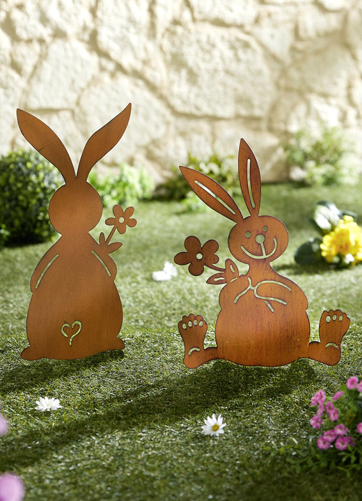 SALE % - Gartenstecker Osterhasen aus gerostetem Stahl, 2er-Set, in Farbe ROST