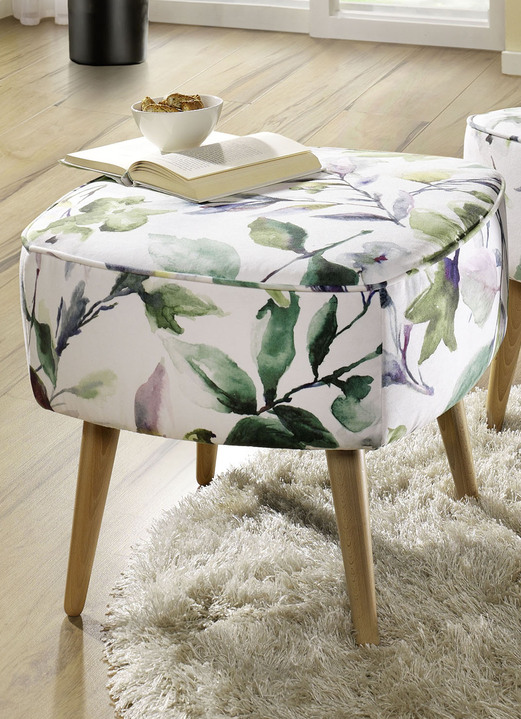 Sessel - Hocker mit naturnahen Blättermotiven und Komfortschaum-Polsterung, in Farbe WEISS-GRÜN, in Ausführung Hocker