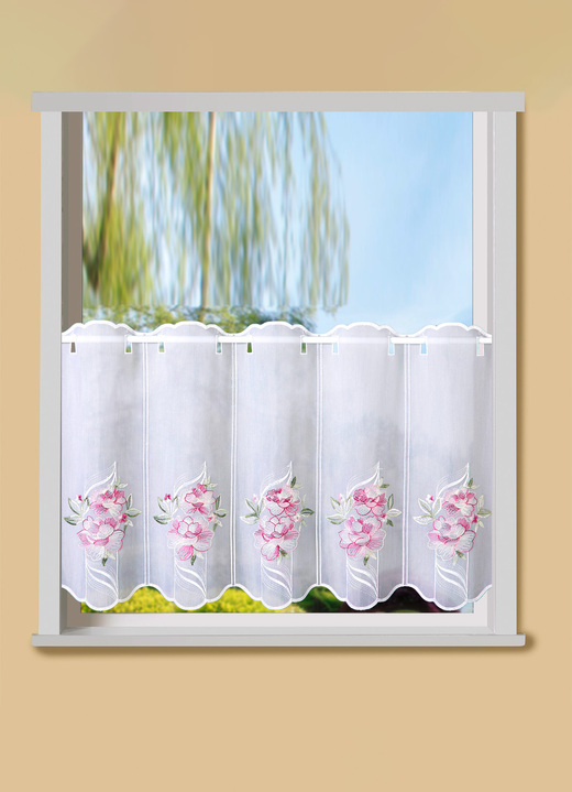 Kurzgardinen - Kurzstore Blumenbouquet mit Stangendurchzug, in Größe 661 (H30xB 90 cm) bis 858 (H60xB120 cm), in Farbe PINK-GRÜN Ansicht 1
