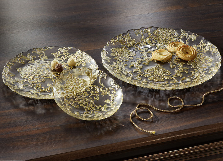 Geschirr - Teller aus Glas mit goldfarbenem Relief, in Farbe GOLD-TRANSPARENT, in Ausführung klein