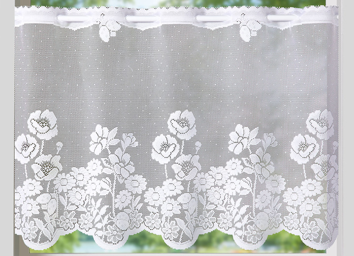 Kurzgardinen - Kurzstore Blumenwiese mit Stangendurchzug, in Größe 784 (H45xB 90 cm) bis 859 (H60xB135 cm), in Farbe WEISS