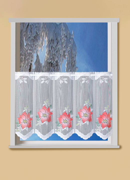 Kurzgardinen - Kurzstore Weihnachtsstern mit Stangendurchzug, in Größe 786 (H45xB 90 cm) bis 859 (H60xB135 cm), in Farbe WEISS-ROT Ansicht 1