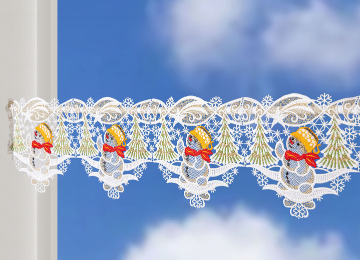 - Stangendekoration mit Schneemann-Motiv aus echter Plauener Spitze, in Größe 628 (H25x48 cm) bis 654 (H25x96 cm), in Farbe BUNT Ansicht 1