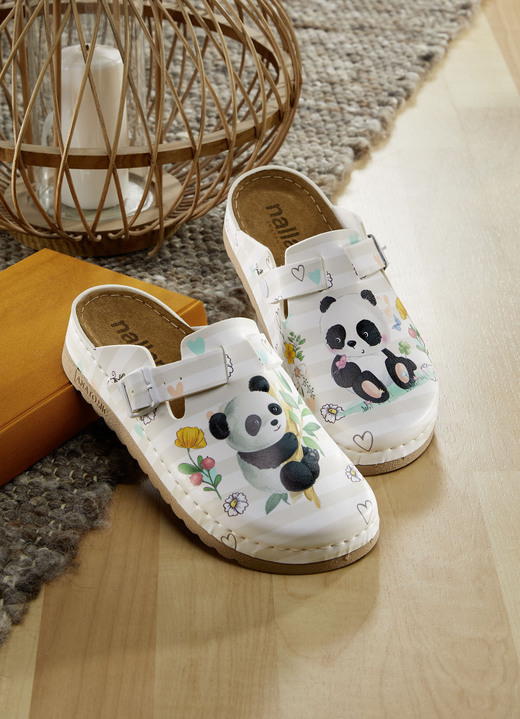 Sandaletten & Pantoletten - Bequemer Clog mit niedlichem Panda-Druck, in Größe 036 bis 042, in Farbe WEISS-BEIGE Ansicht 1