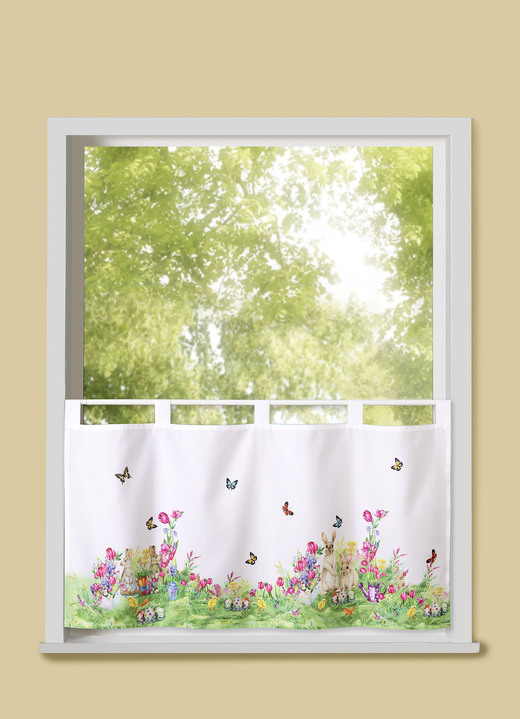 Kurzgardinen - Kurzstore Häschen auf Schmetterlingswiese, in Größe 786 (H45xB 85 cm) bis 790 (H45xB115 cm), in Farbe WEISS-BUNT Ansicht 1