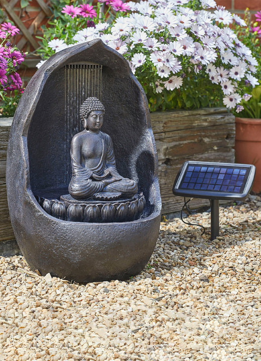 Gartendekoration - Solar-Brunnen Buddha mit Hybrid-Power (Solar + Akku), in Farbe GRAU