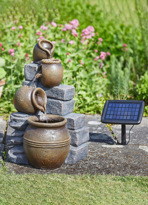 Gartendekoration - Solarbrunnen Töpfe mit Hybrid-Power (Solar + Akku), in Farbe GRAU-BRAUN