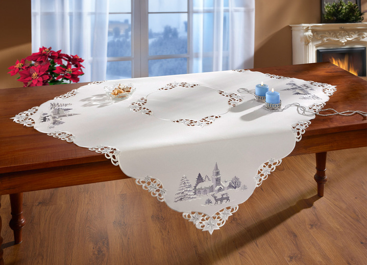 Tischdecken - Tischdecke mit romantischem Winterdorf-Dessin, in Größe 101 (2x Platzset, 35x 50 cm) bis 404 (Kissenbezug, 40x 40 cm), in Farbe WOLLWEISS Ansicht 1