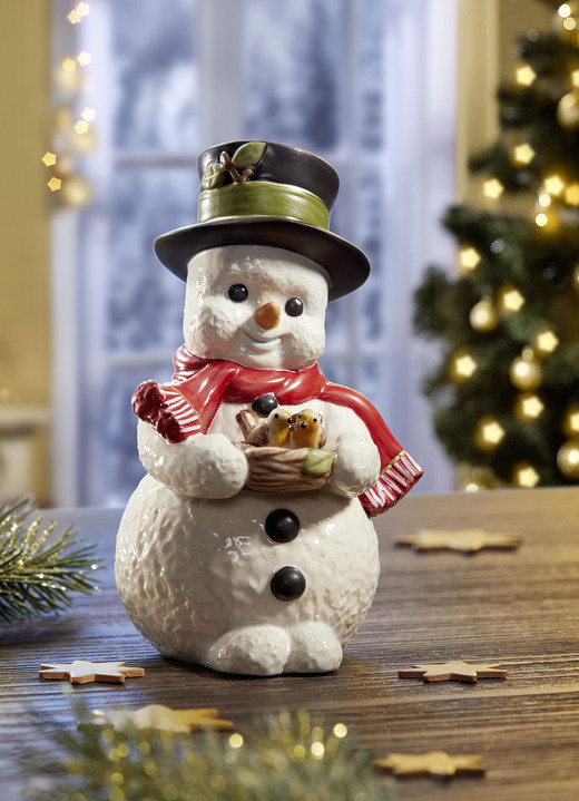 - Schneemann aus Feinsteingut von Hand gefertigt und bemalt, in Farbe WEISS-ROT