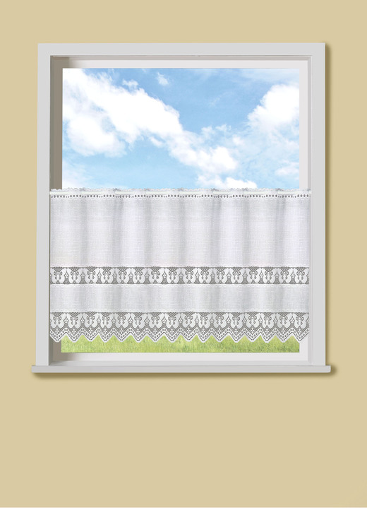 Kurzgardinen - Kleinfenster-Store mit gezacktem Abschluss und Stangendurchzug, in Größe 854 (H 75xB100 cm) bis 894 (H120xB150 cm), in Farbe WEISS Ansicht 1