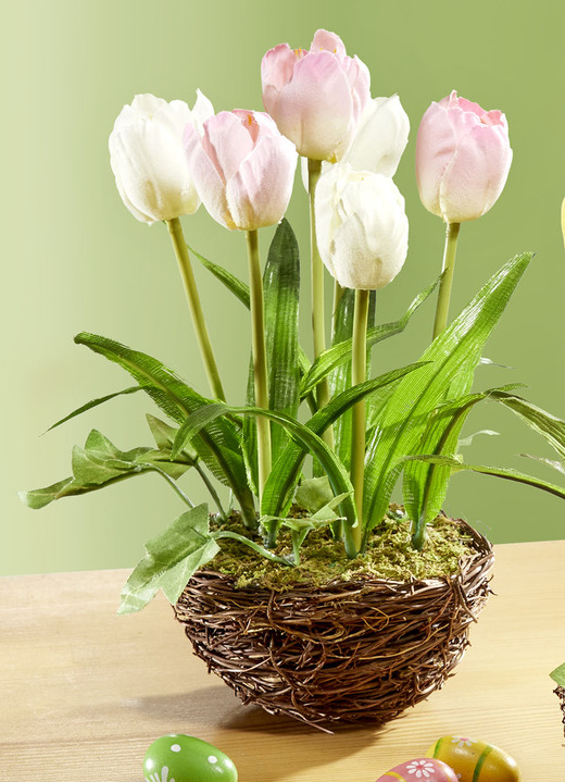 Kunst- & Textilpflanzen - Tulpen im Weidekorb, in Farbe ROSA-WEISS, in Ausführung Rosa-Weiss, klein Ansicht 1