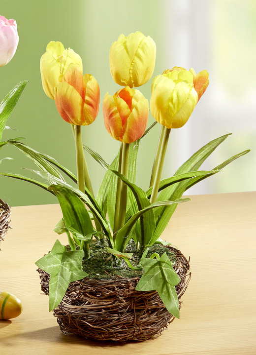 Kunst- & Textilpflanzen - Tulpen im Weidekorb, in Farbe GELB-ORANGE, in Ausführung Gelb-Orange, klein Ansicht 1