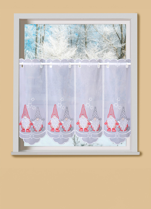 Plauener Stickerei - Kurzstore mit gebogtem Abschluss, in Größe 786 (H45xB 96 cm) bis 791 (H45xB160 cm), in Farbe WEISS Ansicht 1