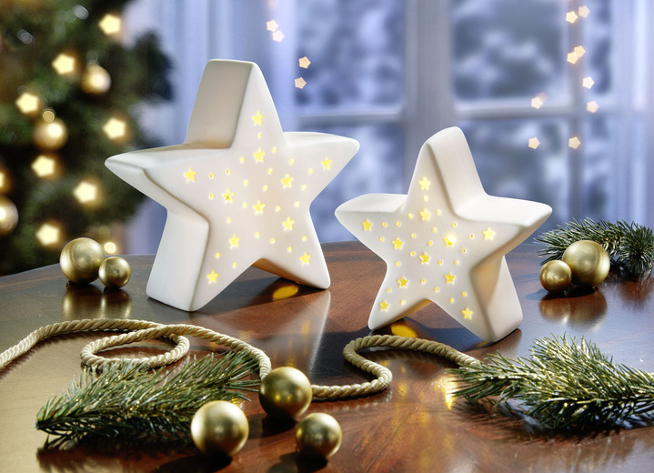 Weihnachtliche Dekorationen - Beleuchteter Stern aus Porzellan, 2er-Set, in Farbe CREMEWEISS Ansicht 1