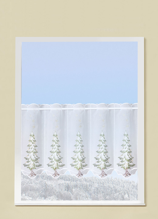 Plauener Stickerei - Kurzstore mit Tannenmotiv, in Größe 786 (H45xB 95 cm) bis 793 (H40xB193 cm), in Farbe WEISS-BUNT Ansicht 1