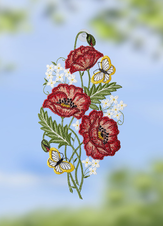 Fensterbilder - Fensterbild mit Mohnblumen-Motiv aus Plauener Spitze, in Farbe BUNT