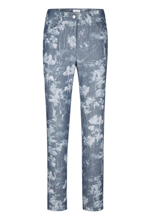 Hosen mit Knopf- und Reißverschluss - Hose mit floraler Dessinierung, in Größe 019 bis 052, in Farbe BLAU-WEISS Ansicht 1