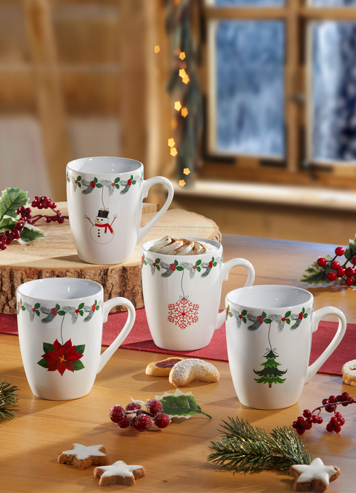 Weihnachten - Weihnachtstassen aus Steingut, 4er-Set, in Farbe WEISS-BUNT Ansicht 1