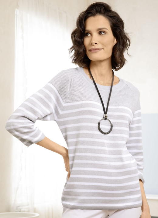 3/4-Arm - Pullover in Ringeldessin 3/4-Arm - Pullover in Ringeldessin, in Größe 038 bis 052, in Farbe HELLGRAU-WEISS