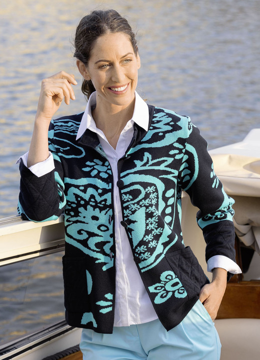 Strickjacken - Strickjacke in Jacquard-Dessin Strickjacken - Strickjacke in Jacquard-Dessin, in Größe 038 bis 054, in Farbe MARINE-TÜRKIS