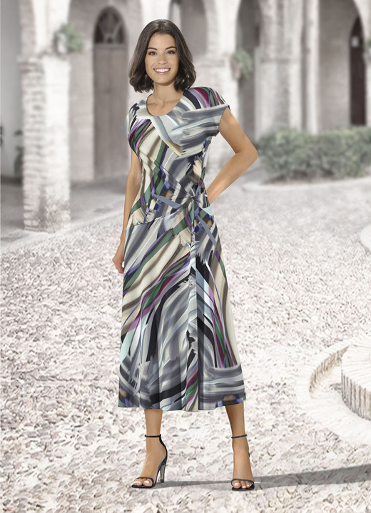 Kleider - Kleid mit raffinierter Knotentechnik, in Größe 019 bis 054, in Farbe OLIV-SAND-AUBERGINE-BUNT