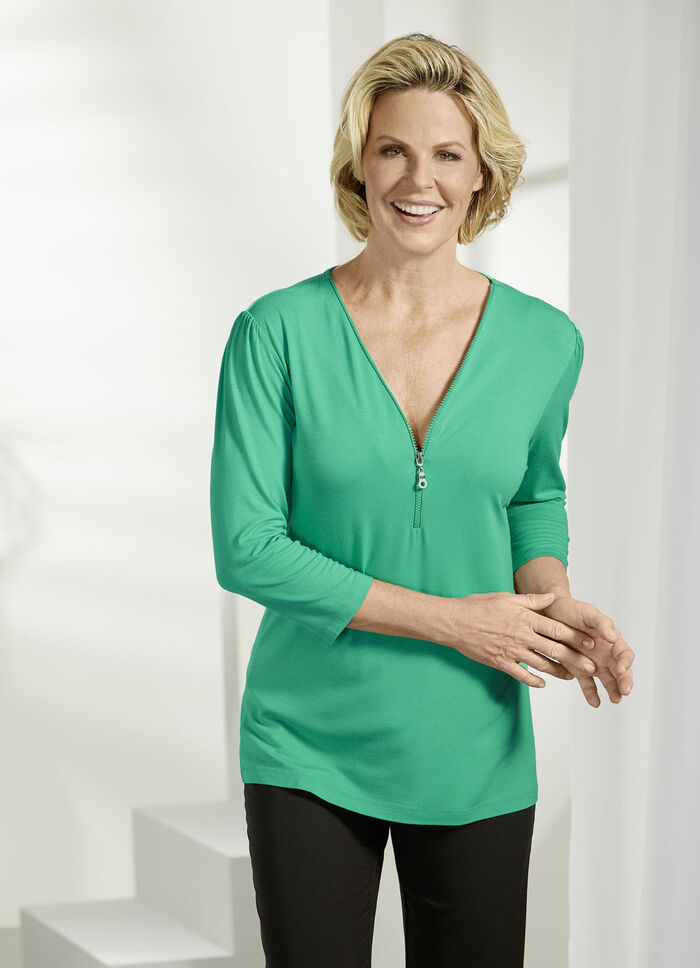 Shirt mit Reißverschluss am V-Ausschnitt in 3 Farben GRÜN