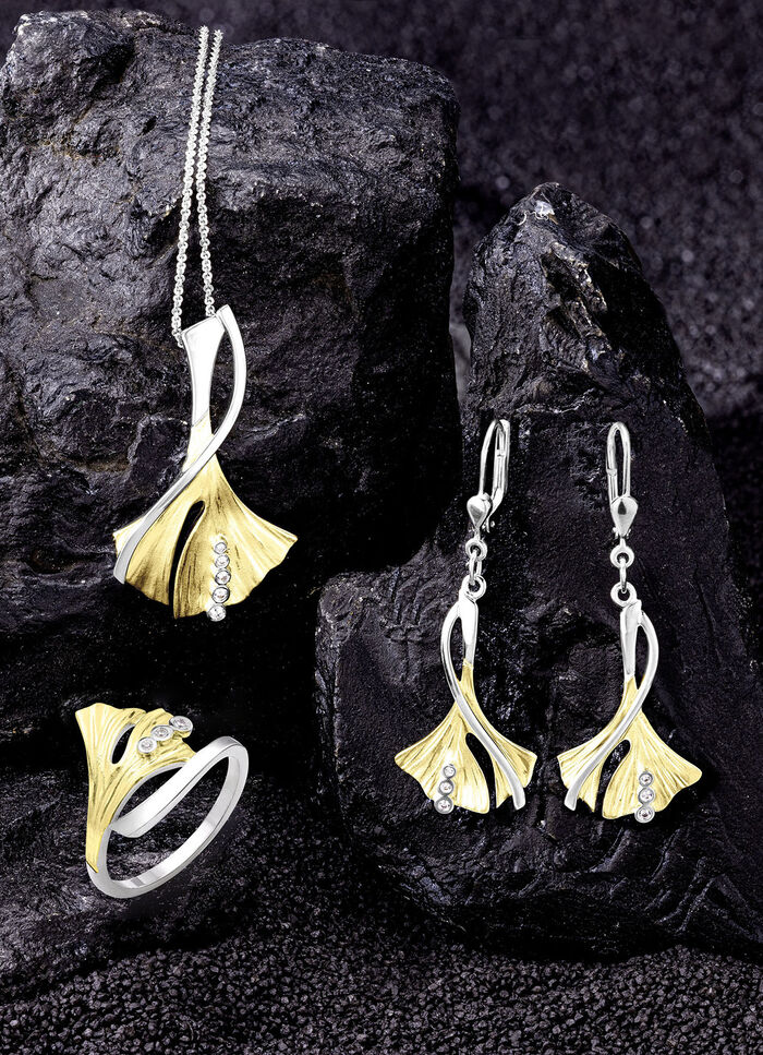 Damenring Ginkgoblatt in Bicolor mit synth. Zirkonia 