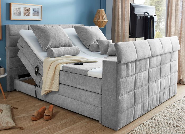 Boxspringbett mit elektrisch versenkbarer TV-Halterung HELLGRAU