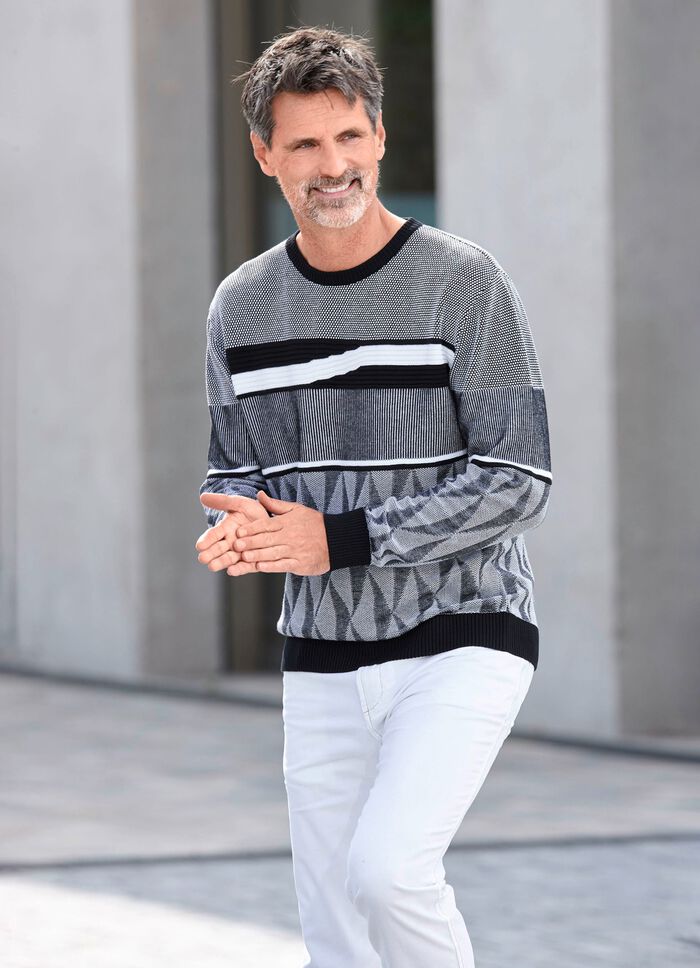 Gemusterter Rundhalspullover in 2 Farben SCHWARZ-WEISS