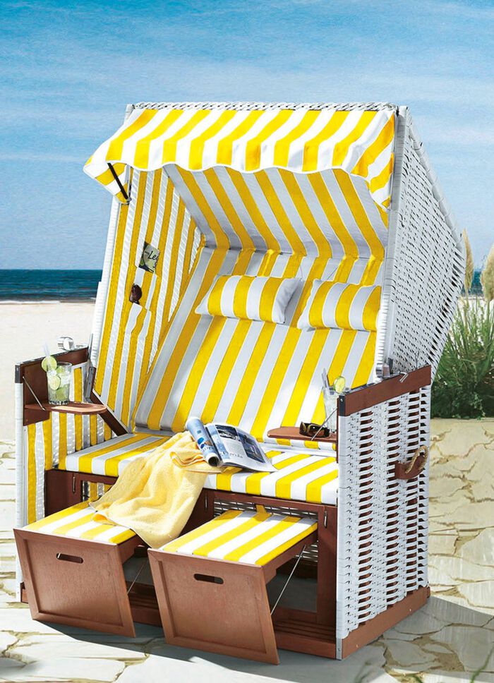 Strandkorb mit pflegeleichtem Kunststoffgeflecht GELB-WEISS