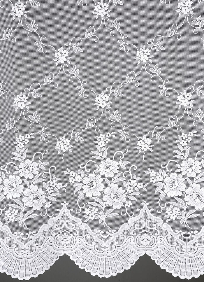 Seitenschal-Garnitur und Raffhalter mit Blüten-Dessinierung 