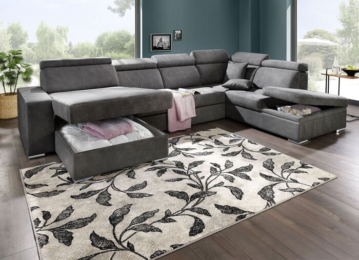 Polstermöbel mit Schlaffunktion und Bettkasten GRAU