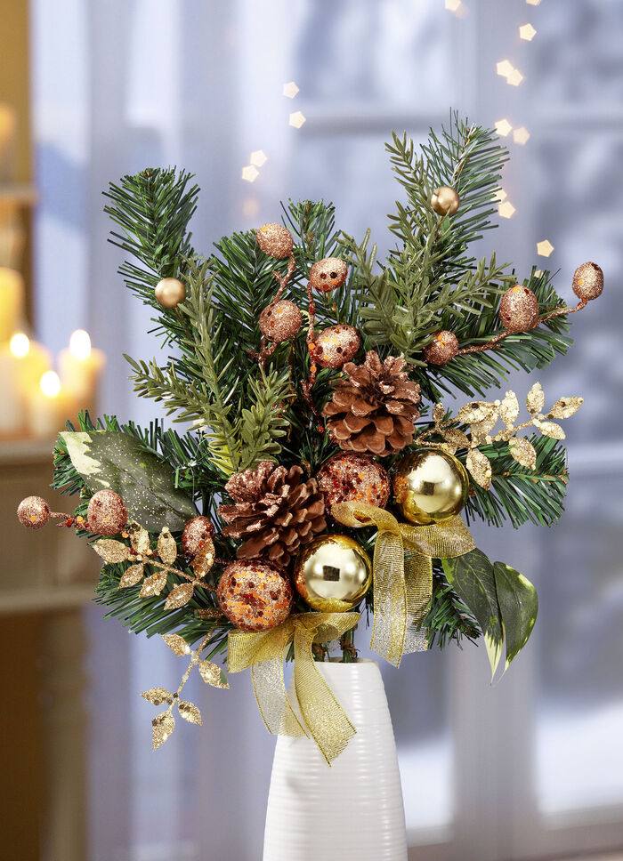 Tannenzweig, 2er-Set, mit goldfarbenen Kugeln und Äpfeln