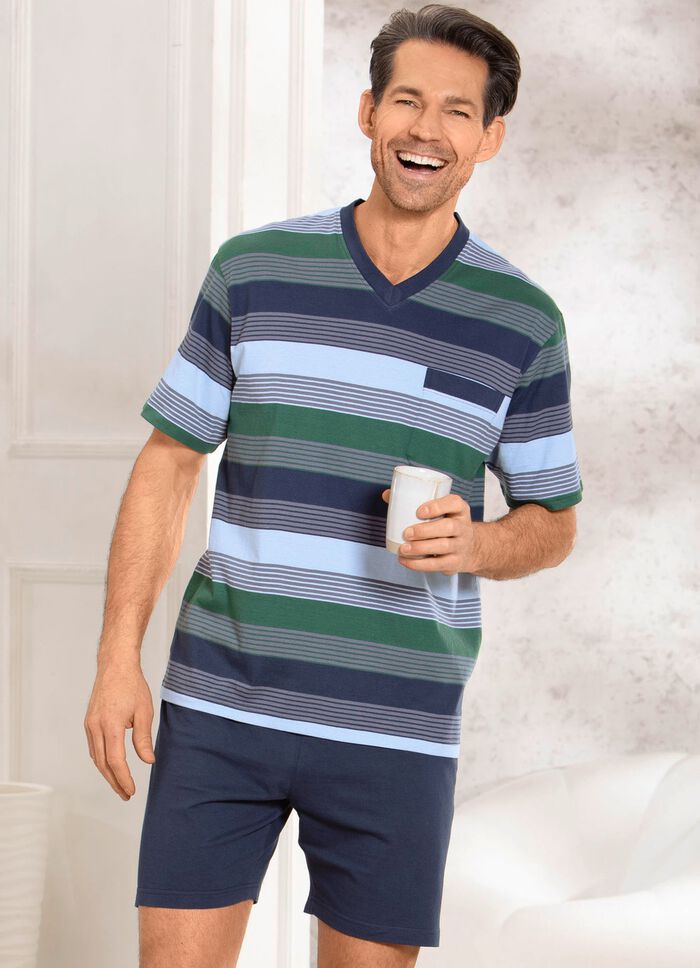 Zweierpack Shortys mit V-Ausschnitt und Brusttasche in Ringeldessin 