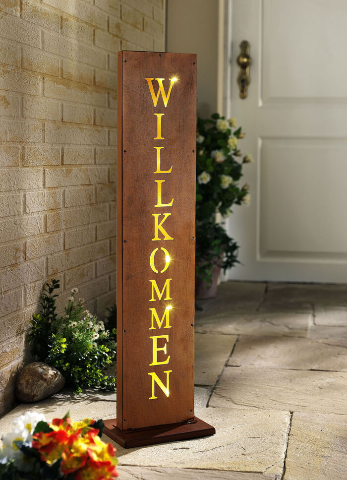 LED-Dekostele Willkommen aus Eisen in Rostoptik 