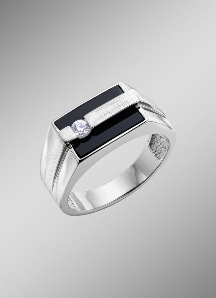 Herrenring aus Silber mit Echt Onyx und synthetischen Zirkonia 