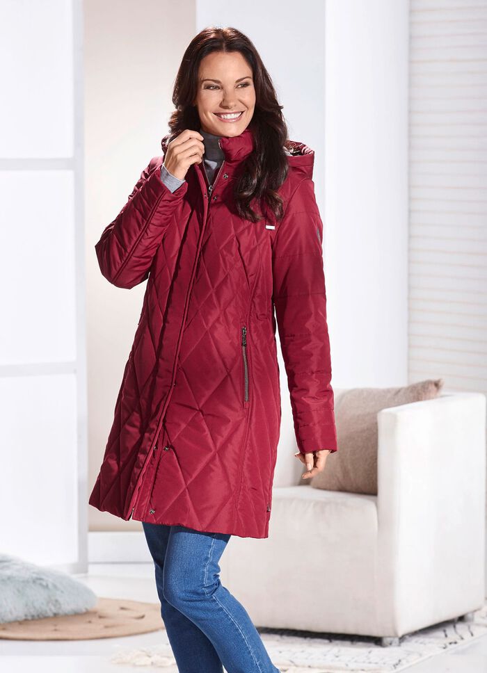 Kurzmantel mit Kunstpelz-Innenausstasttung in der Kapuze RUBINROT