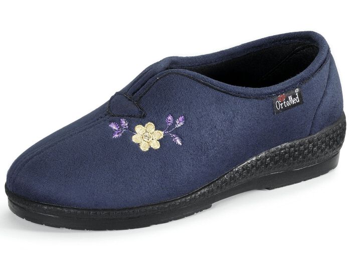 Klassische Damen-Hausschuhe, Weite H, mit Stickerei MARINE