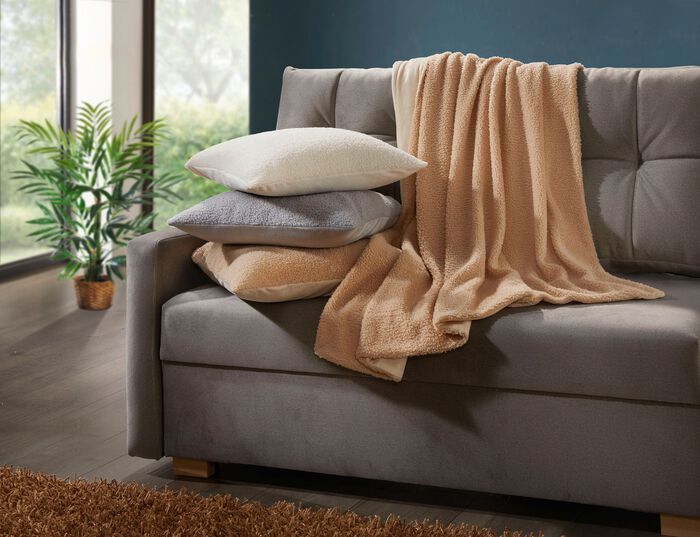 Decken und Kissen mit flauschig weicher Teddy-Vorderseite CAMEL