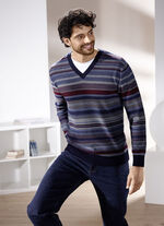 Gestreifter V-Pullover in 2 Farben JEANSBLAU-BORDEAUX