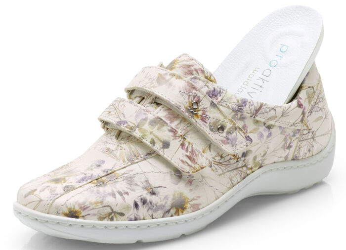 Waldläufer, bequeme Damen-Slipper, Weite H, mit herausnehmbarem Fußbett ECRU-BUNT