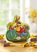 Dose aus Metall mit Motiv Hase auf Fahrrad 