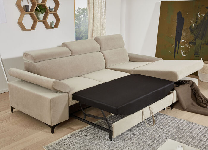 Polsterecke mit Bettfunktion und Bettkasten in der Ottomane BEIGE