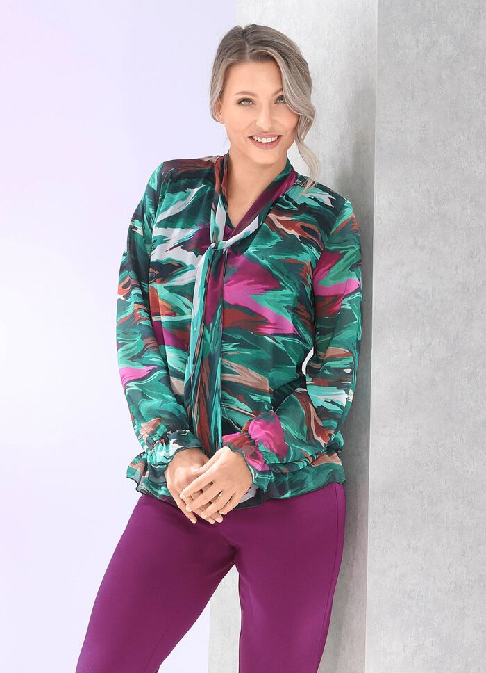 Bluse mit V-Schlitz und Bindeband 