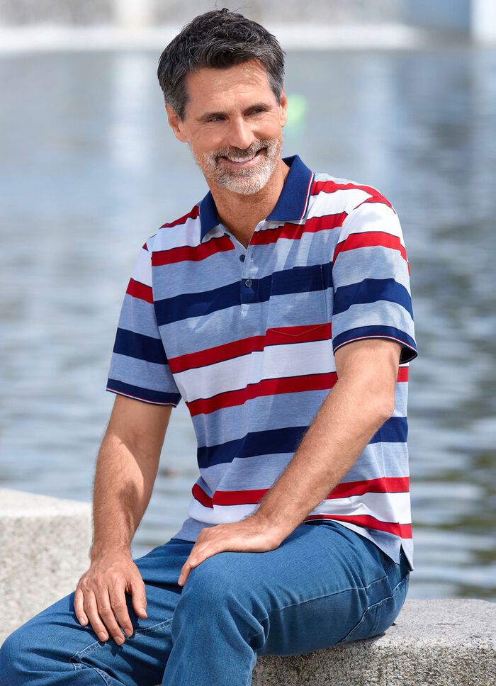 Poloshirt mit Brusttasche HELLBLAU-MARINE-WEISS-ROT
